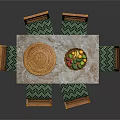 Dining Table Set With Marble Top Six Green Cushioned Chairs Woven Placemat And Fruit Bowl