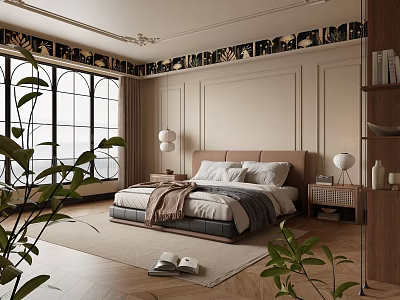 Modern Bedroom Interior With Upholstered Bed Large Windows Green Plants And Wooden Flooring 3d model