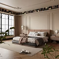 Modern Bedroom Interior With Upholstered Bed Large Windows Green Plants And Wooden Flooring