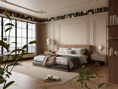 Modern Bedroom Interior With Upholstered Bed Large Windows Green Plants And Wooden Flooring 3d model