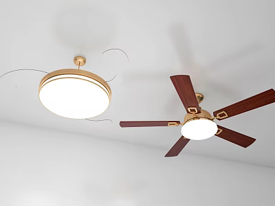 Modern Ceiling Fan With Wooden Blades Gold Accents And Ceiling Mounted Light Fixture 3d model