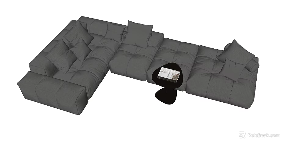 Modern Gray Multiperson Sofa With Sectional Design Cushions Near Small Round Table With Magazine 3d model 