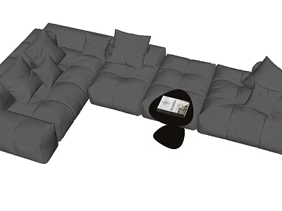 Modern Gray Multiperson Sofa With Sectional Design Cushions Near Small Round Table With Magazine 3d model