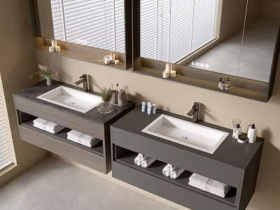 Modern Wall Mounted Bathroom Vanity Cabinets with Double White Sinks Storage Compartments and Towels 3d model