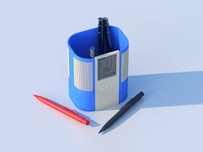 Pens in Blue Pen Holder with Red and Black Writing Tools on White Desk 3d model