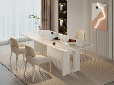 Modern Study Room Interior With White Marble Desk Beige Chairs And Wall Art 3d model