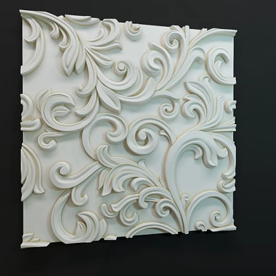 Elegant White Wall With Intricate 3D Relief Floral Scroll Patterns And Carved Details 3d model