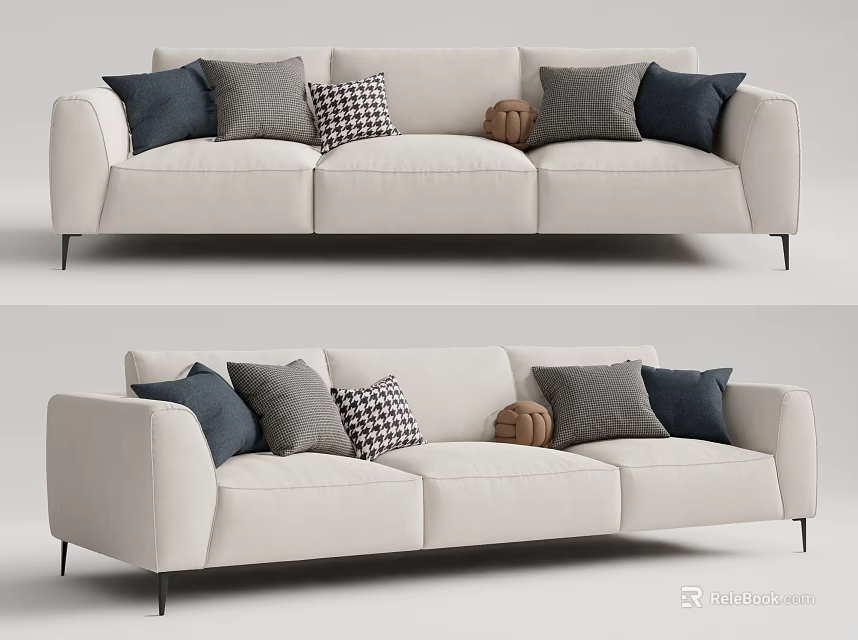 Light Beige Modern Sofa With Multiple Dark Blue Gray Checkered Cushions And Metal Legs 3d model 