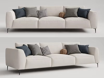 Light Beige Modern Sofa With Multiple Dark Blue Gray Checkered Cushions And Metal Legs 3d model