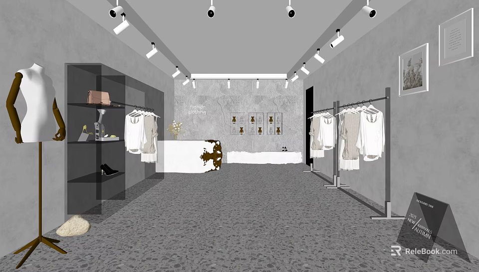 Clothing Store Interior with Clothes on Racks Display Shelves Cashier Counter and Modern Lighting 3d model 