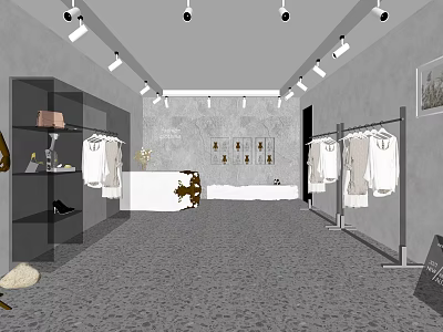 Clothing Store Interior with Clothes on Racks Display Shelves Cashier Counter and Modern Lighting 3d model