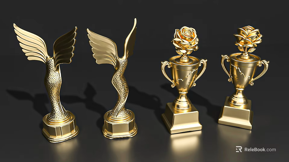 Golden Decorative Ornament Set With Winged And Rose Shaped Trophy Like Designs 3d model 