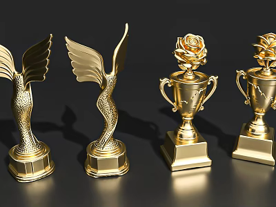 Golden Decorative Ornament Set With Winged And Rose Shaped Trophy Like Designs 3d model