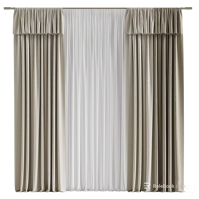 Elegant Beige Pleated Curtains With Flowy Sheer Layer And Top Valance Design 3d model 