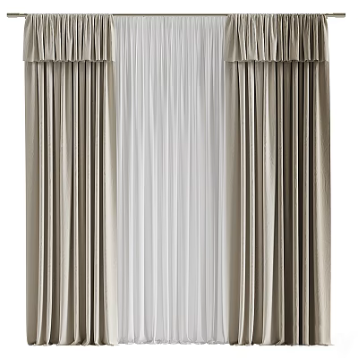 Elegant Beige Pleated Curtains With Flowy Sheer Layer And Top Valance Design 3d model