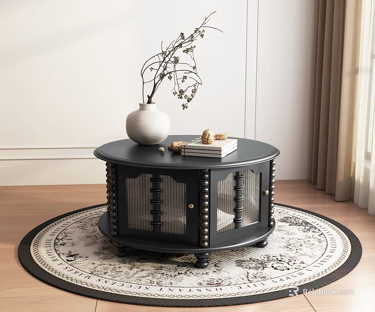 Round Black Coffee Table With White Vase Dried Branches Books And Decor On Patterned Rug 3d model 