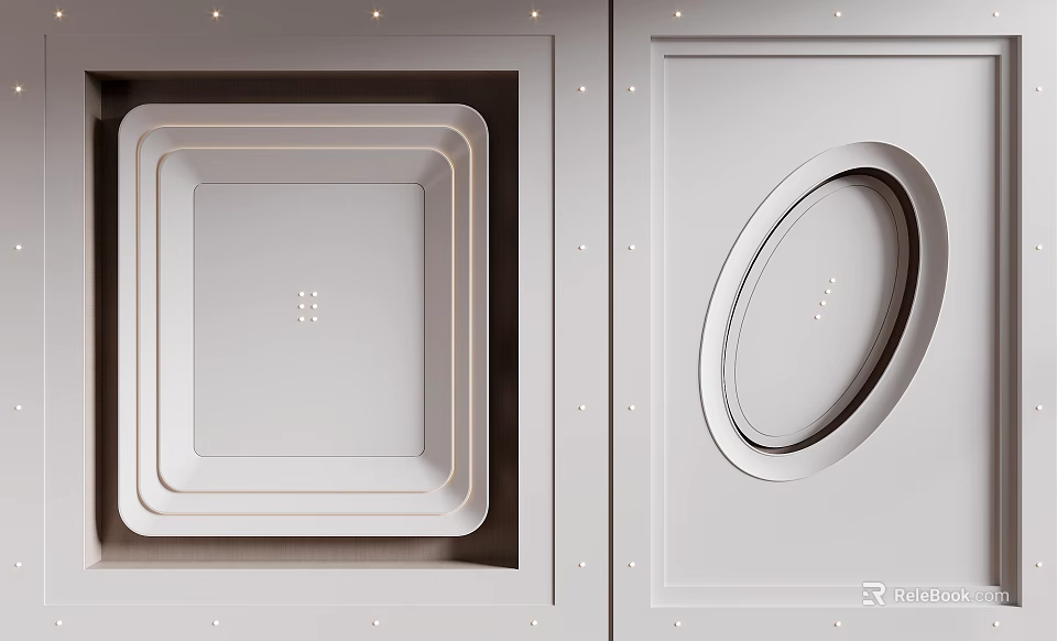 Modern Ceiling Design With Square And Oval Recessed Shapes And Lighting 3d model