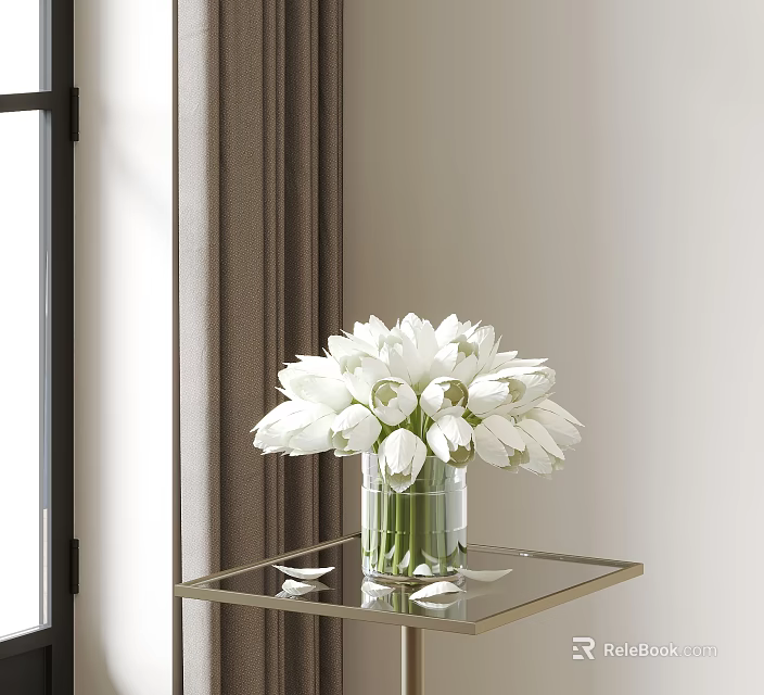 Transparent Vase With White Flowers On Glass Table Near Window With Curtain In Natural Light 3d model 