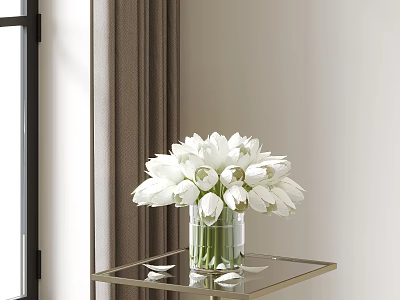 Transparent Vase With White Flowers On Glass Table Near Window With Curtain In Natural Light 3d model