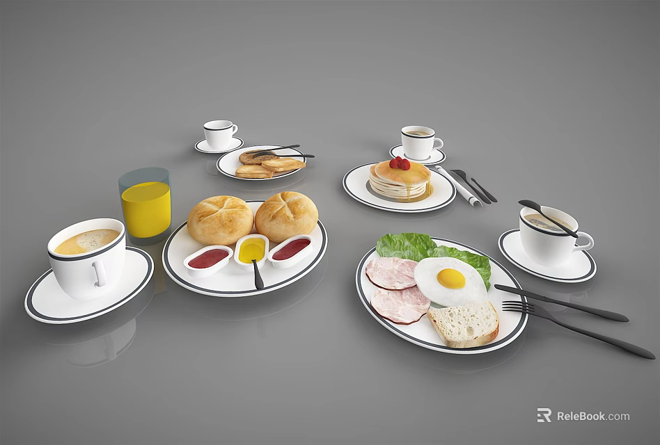 Delicious Breakfast Food Spread With Fried Egg Bacon Bread Rolls Coffee And Orange Juice 3d model 