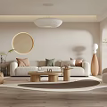 Modern Cozy Living Room With White Sofa Round Coffee Tables Throw Pillows And Decorative Mirror