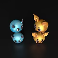 Blue And Gold Cartoon Character Ornament Set With Smiling Faces Horns And Ears