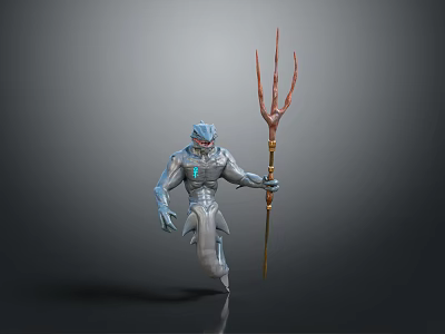 Game Movie Character Blue Skinned Warrior With Silver Armor Holding Golden Trident 3d model