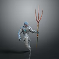Game Movie Character Blue Skinned Warrior With Silver Armor Holding Golden Trident