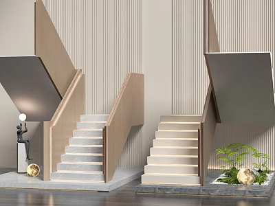 Modern Staircase Design With Wooden Handrail Illuminated Marble Steps Striped Wall And Green Plant 3d model