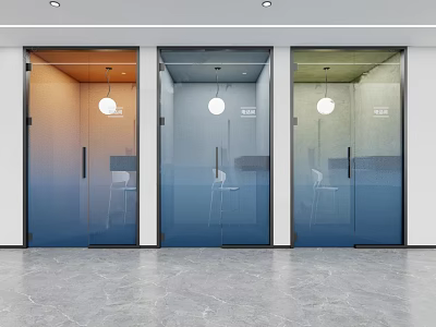 Modern Office Interior With Gradient Glass Doors Ceiling Lights And Marble Floor 3d model