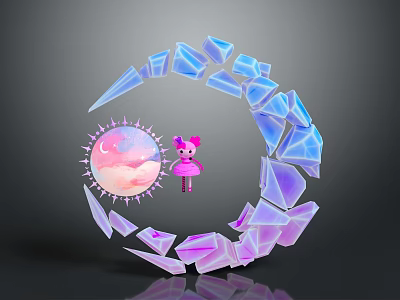 Cute Pink Game Movie Character Surrounded By Glowing Blue Purple Crystal Rings And Celestial Sphere 3d model