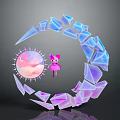 Cute Pink Game Movie Character Surrounded By Glowing Blue Purple Crystal Rings And Celestial Sphere
