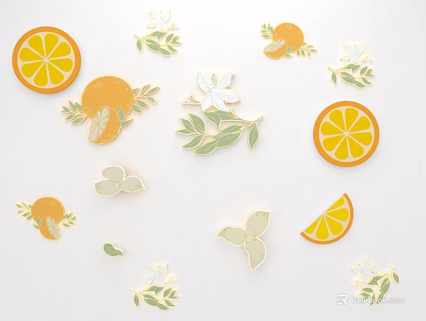 Decorative Orange Lemon Slices Leaves And Flowers Design Elements For Crafts 3d model