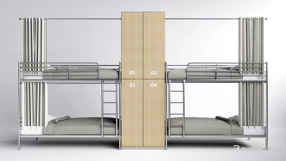 Modern Bunk Beds Interior With Metal Frame Gray Mattress And Central Numbered Wooden Cabinet 3d model 