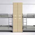Modern Bunk Beds Interior With Metal Frame Gray Mattress And Central Numbered Wooden Cabinet