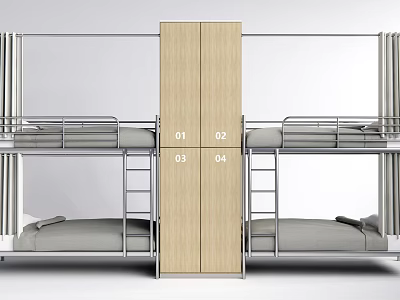 Modern Bunk Beds Interior With Metal Frame Gray Mattress And Central Numbered Wooden Cabinet 3d model