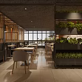 Modern Restaurant Interior With Wooden Walls Dining Tables Chairs Green Plants And Lighting