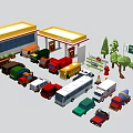 Different Types of Cars Near Gas Station With Trees and Road Signs