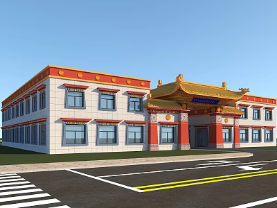 Traditional Ancient Architecture Building With Yellow Roof Red Decorations And White Walls 3d model