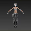3D Female Character Featuring Blue Hair Gray Tank Top Black Pants Arm Guards Utility Belt