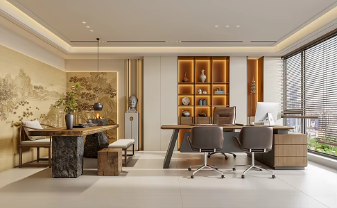 Zen New Chinese Style Manager's Office Chairman's Office Desk and Chair Computer Combination Desk Bookcase Tea Room Tea Table Tea Table and Chair Song Dynasty Aesthetic Background Wall 3d model