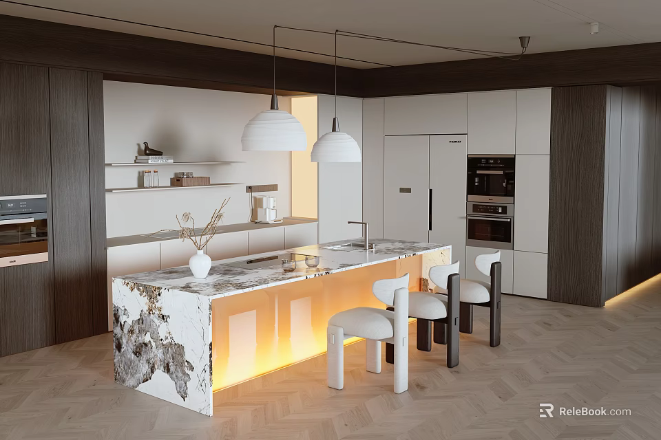 Modern Open Kitchen Interior With Marble Countertop White Pendant Lights And Chairs 3d model 