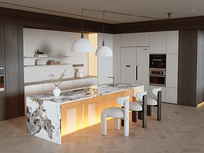 Modern Open Kitchen Interior With Marble Countertop White Pendant Lights And Chairs 3d model