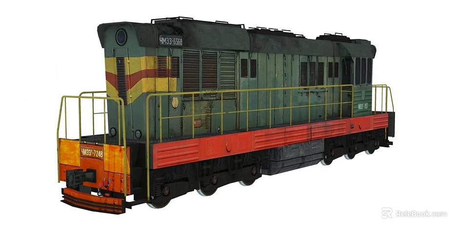 Green and Red Locomotive with Yellow Railings Vintage Metal Body Design 3d model 