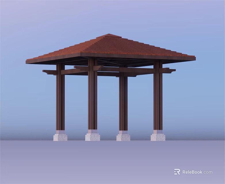 Outdoor Garden Landscape With Wooden Pavilion Brown Roof And White Column Bases 3d model 