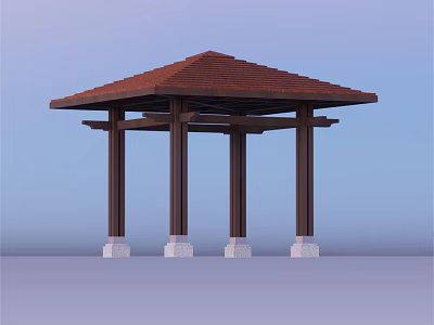 Outdoor Garden Landscape With Wooden Pavilion Brown Roof And White Column Bases 3d model