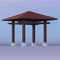 Outdoor Garden Landscape With Wooden Pavilion Brown Roof And White Column Bases