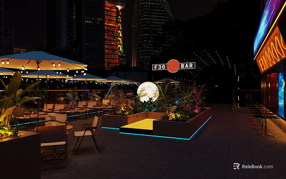 Outdoor Restaurant Terrace With Umbrellas Tables Chairs Lighting And Night View High Rise Buildings 3d model 