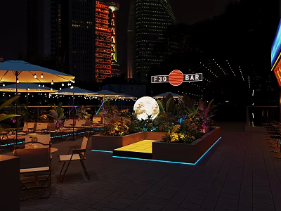 Outdoor Restaurant Terrace With Umbrellas Tables Chairs Lighting And Night View High Rise Buildings 3d model