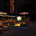 Outdoor Restaurant Terrace With Umbrellas Tables Chairs Lighting And Night View High Rise Buildings